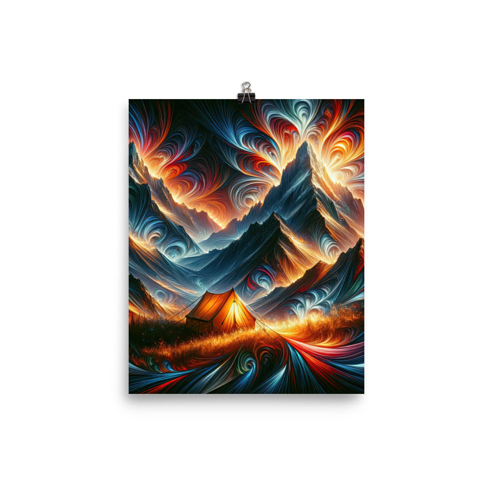 Abstrakte Kunst der Alpen, wo die Berge mit dynamischen Farben und Mustern pulsieren und eine Szene Energie schaffen - Enhanced Matte camping xxx yyy zzz 20.3 x 25.4 cm