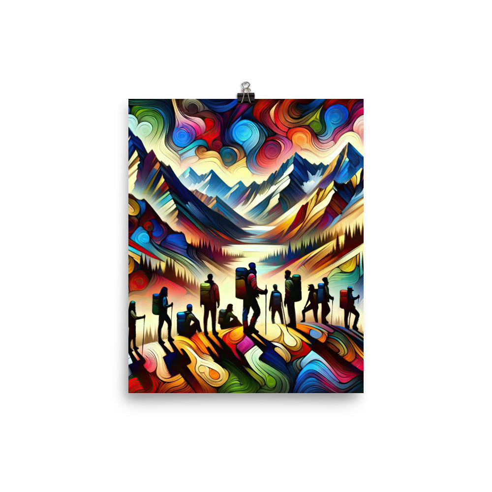 Abstraktes Kunstgemälde der Alpen voller lebendiger Muster. Ein vielfältiges Wanderteam, sowohl Männer als auch Frauen - Enhanced Matte wandern xxx yyy zzz 20.3 x 25.4 cm