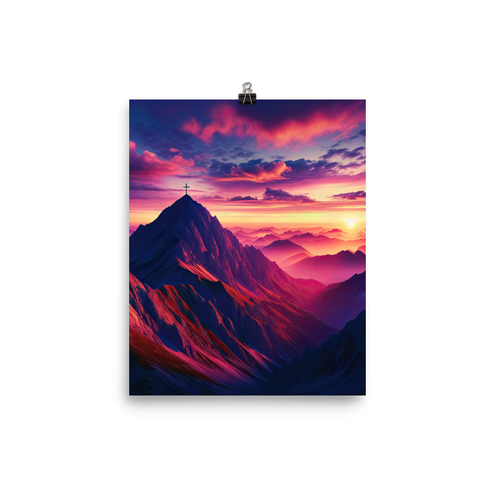 Dramatischer Alpen-Sonnenaufgang, Gipfelkreuz und warme Himmelsfarben - Poster berge xxx yyy zzz 20.3 x 25.4 cm