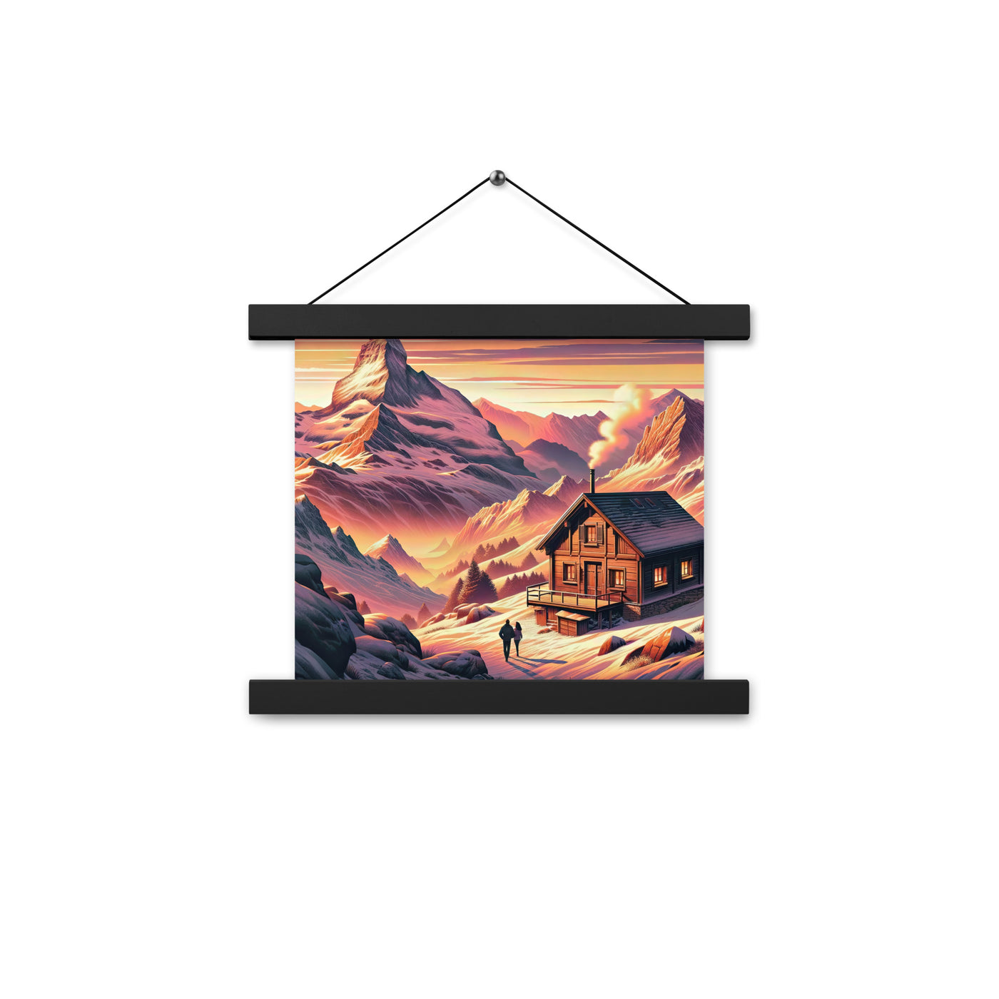 Berghütte im goldenen Sonnenuntergang: Digitale Alpenillustration - Premium Poster mit Aufhängung berge xxx yyy zzz 25.4 x 25.4 cm