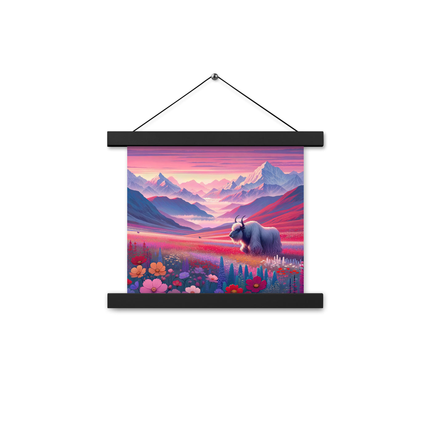 Verträumte Berg-Abenddämmerung mit Hochlandrind und blumigem Glanz - Premium Poster mit Aufhängung berge xxx yyy zzz 25.4 x 25.4 cm