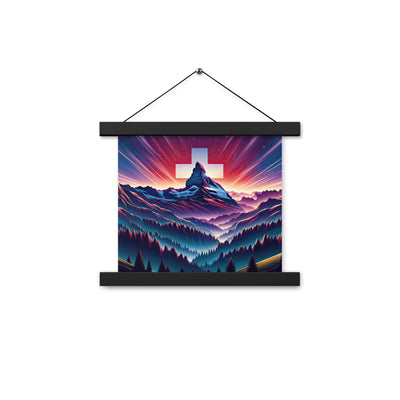 Alpenszene in Dämmerung mit Schweizer Flagge - Premium Poster mit Aufhängung berge xxx yyy zzz 25.4 x 25.4 cm