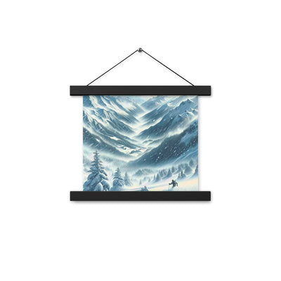 Alpine Wildnis im Wintersturm mit Skifahrer, verschneite Landschaft - Premium Poster mit Aufhängung klettern ski xxx yyy zzz 25.4 x 25.4 cm