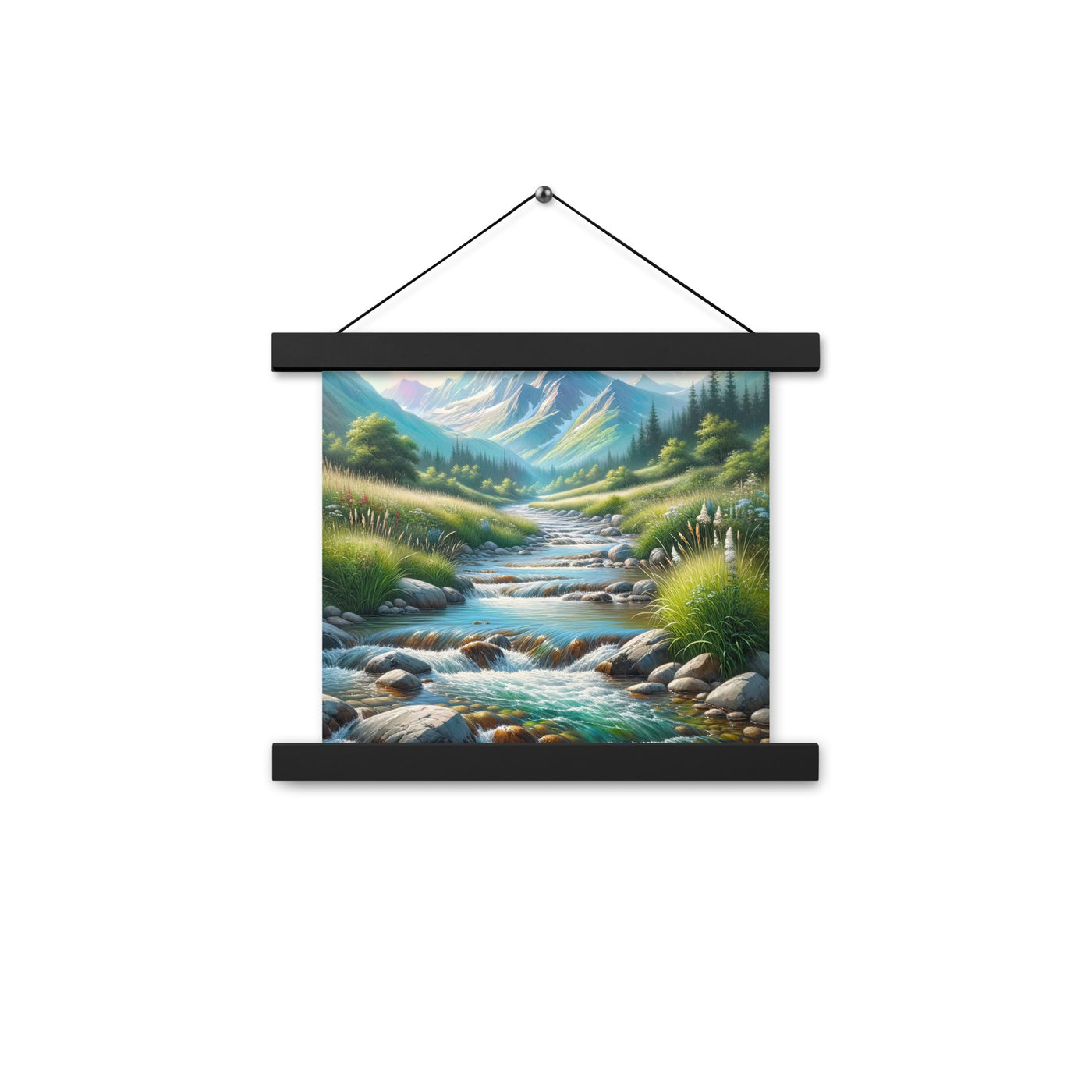 Sanfter Gebirgsbach in Ölgemälde, klares Wasser über glatten Felsen - Premium Poster mit Aufhängung berge xxx yyy zzz 25.4 x 25.4 cm