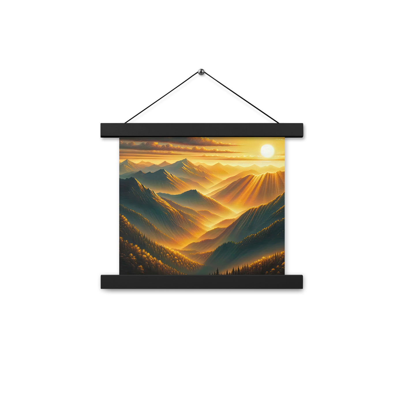 Ölgemälde der Berge in der goldenen Stunde, Sonnenuntergang über warmer Landschaft - Premium Poster mit Aufhängung berge xxx yyy zzz 25.4 x 25.4 cm