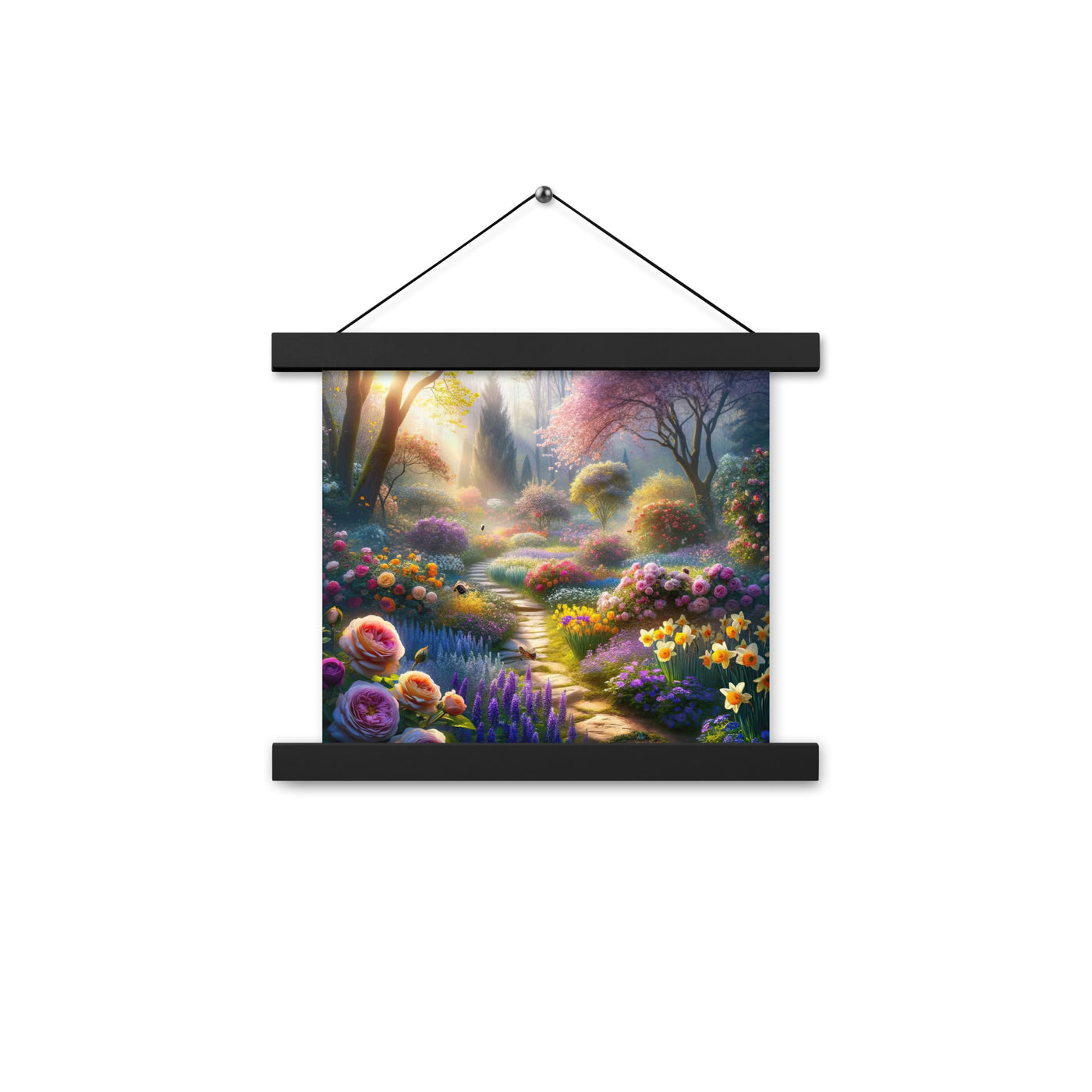 Foto einer Gartenszene im Frühling mit Weg durch blühende Rosen und Veilchen - Premium Poster mit Aufhängung camping xxx yyy zzz 25.4 x 25.4 cm