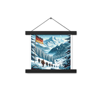 Quadratische Winterillustration der Alpen mit deutscher Flagge und Wanderteam - Premium Poster mit Aufhängung wandern xxx yyy zzz 25.4 x 25.4 cm