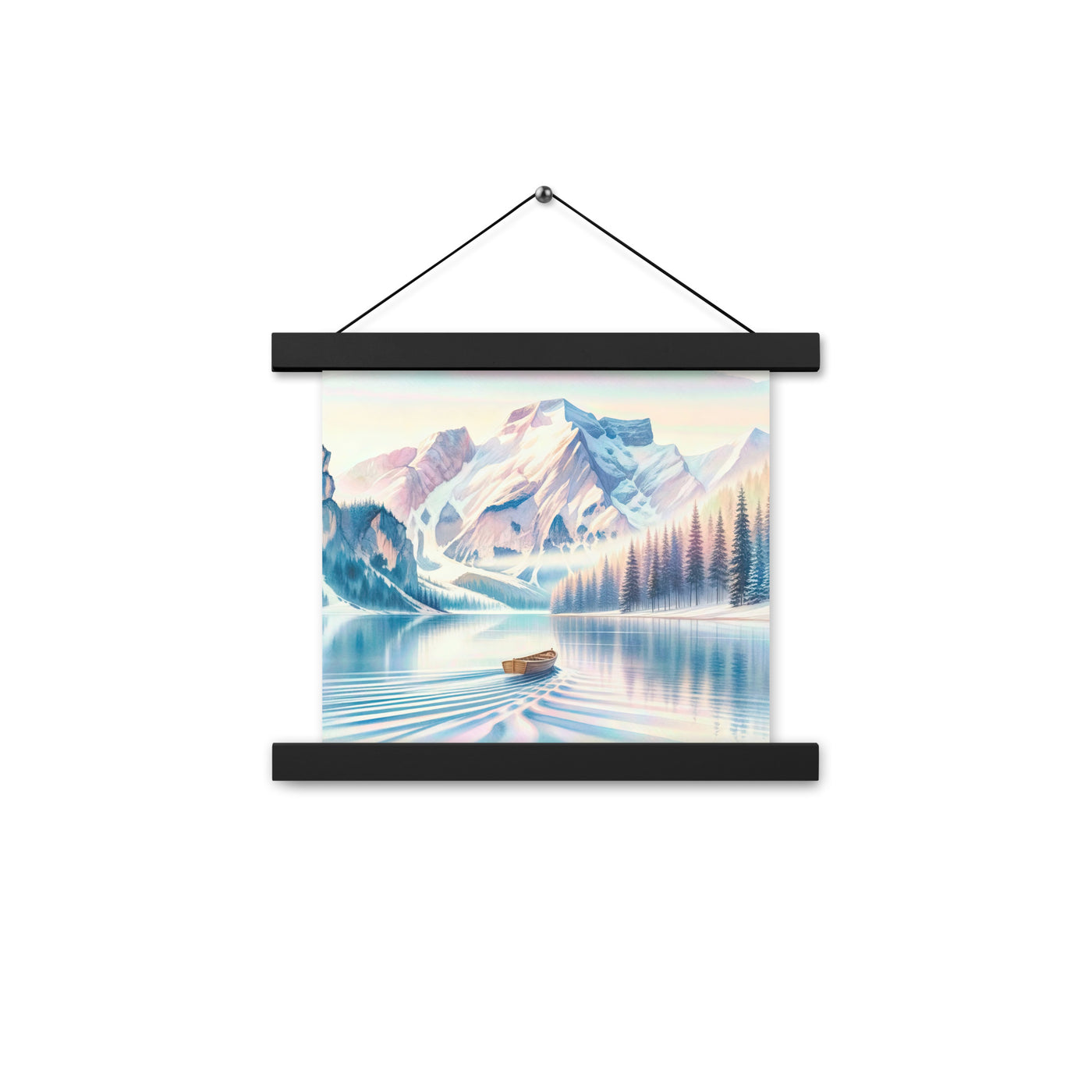 Aquarell eines klaren Alpenmorgens, Boot auf Bergsee in Pastelltönen - Premium Poster mit Aufhängung berge xxx yyy zzz 25.4 x 25.4 cm