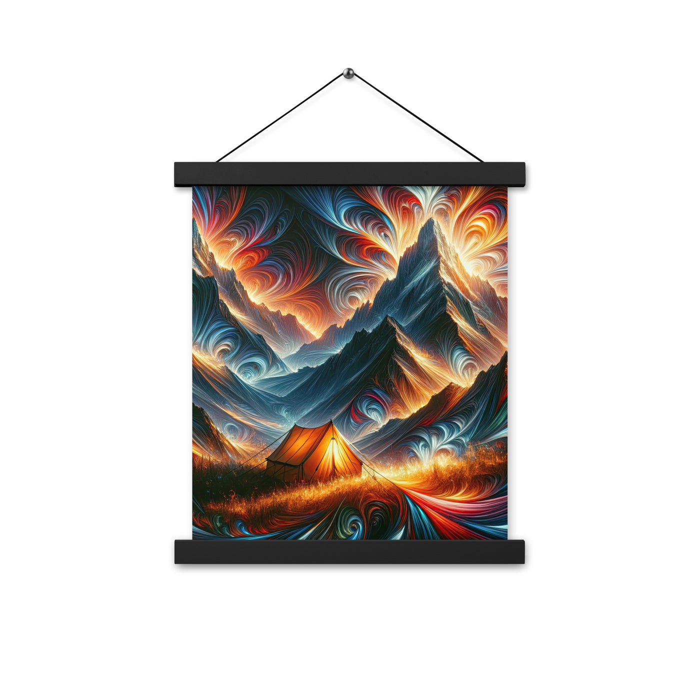 Abstrakte Kunst der Alpen, wo die Berge mit dynamischen Farben und Mustern pulsieren und eine Szene Energie schaffen - Enhanced Matte camping xxx yyy zzz 27.9 x 35.6 cm