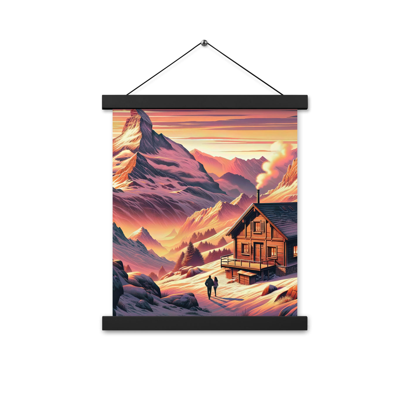 Berghütte im goldenen Sonnenuntergang: Digitale Alpenillustration - Premium Poster mit Aufhängung berge xxx yyy zzz 27.9 x 35.6 cm