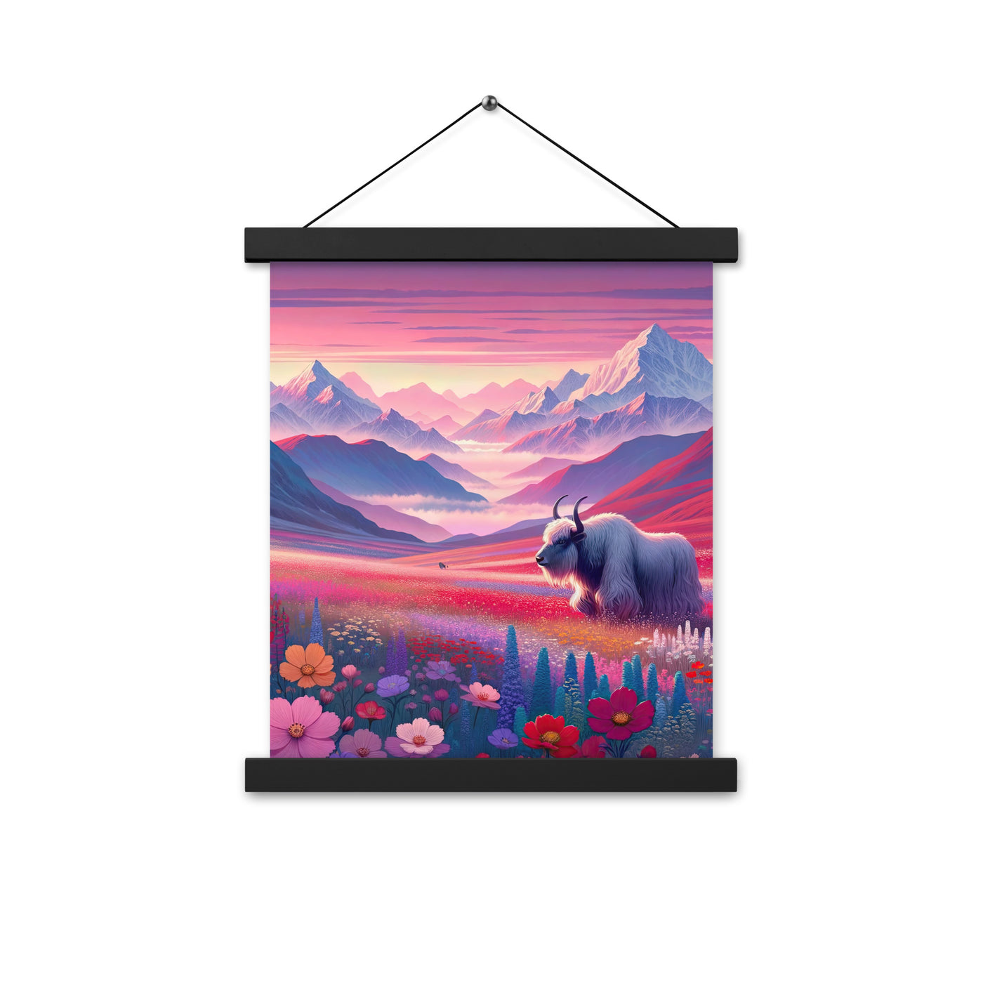 Verträumte Berg-Abenddämmerung mit Hochlandrind und blumigem Glanz - Premium Poster mit Aufhängung berge xxx yyy zzz 27.9 x 35.6 cm