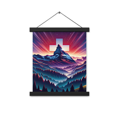 Alpenszene in Dämmerung mit Schweizer Flagge - Premium Poster mit Aufhängung berge xxx yyy zzz 27.9 x 35.6 cm