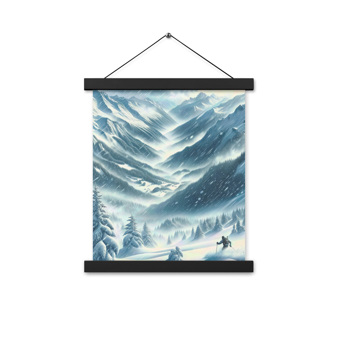 Alpine Wildnis im Wintersturm mit Skifahrer, verschneite Landschaft - Premium Poster mit Aufhängung klettern ski xxx yyy zzz 27.9 x 35.6 cm