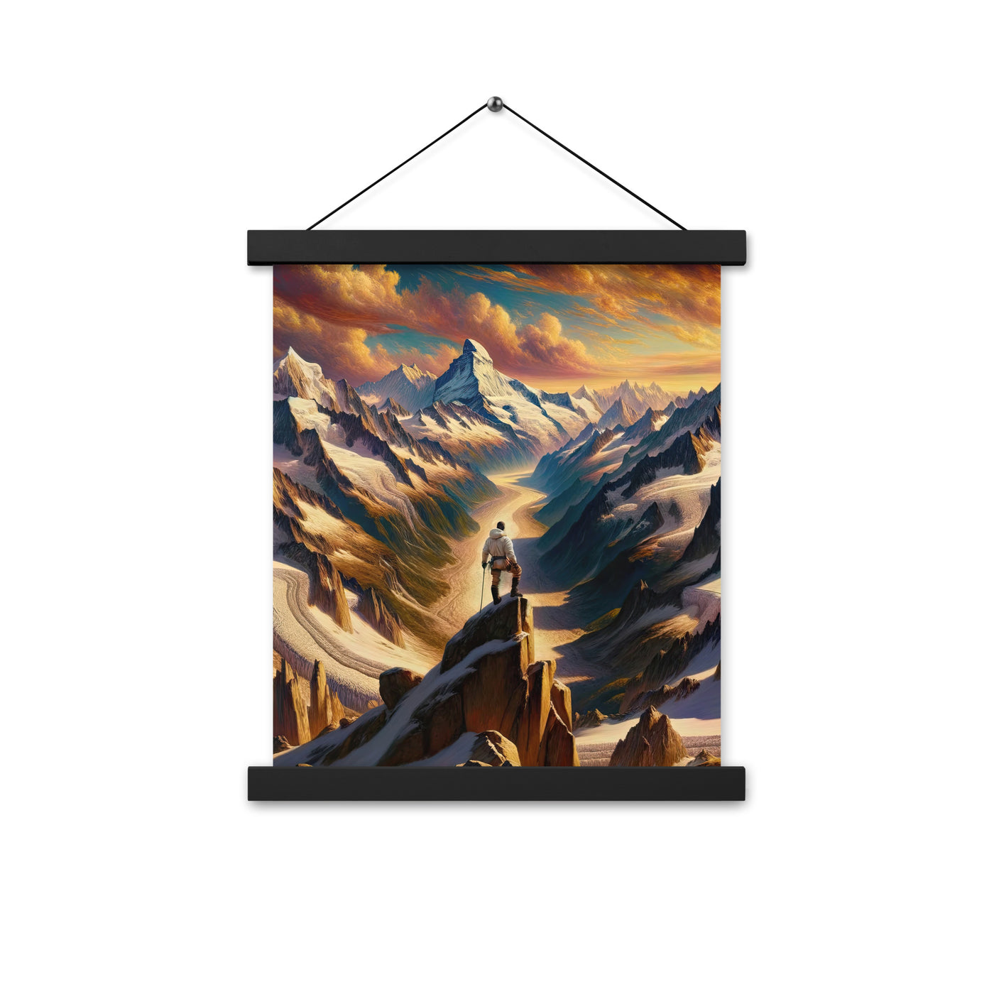 Ölgemälde eines Wanderers auf einem Hügel mit Panoramablick auf schneebedeckte Alpen und goldenen Himmel - Enhanced Matte Paper Poster wandern xxx yyy zzz 27.9 x 35.6 cm