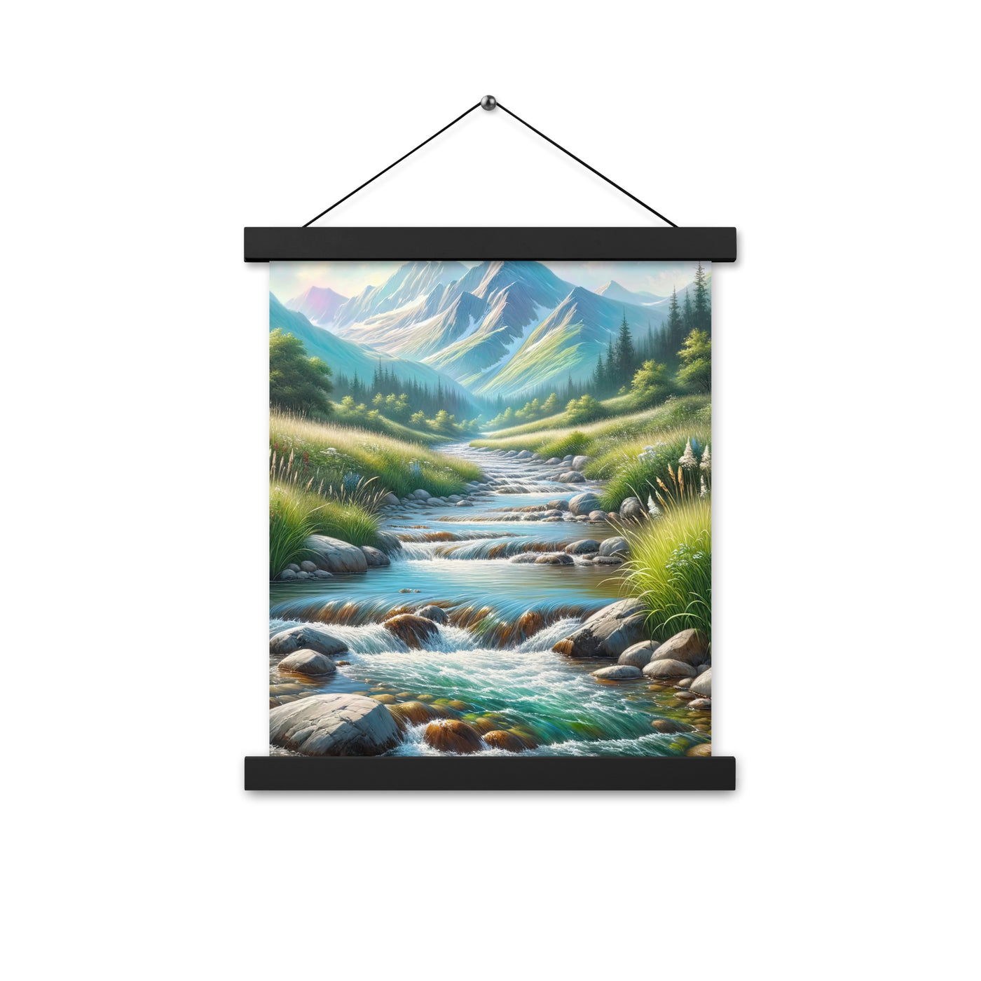 Sanfter Gebirgsbach in Ölgemälde, klares Wasser über glatten Felsen - Premium Poster mit Aufhängung berge xxx yyy zzz 27.9 x 35.6 cm