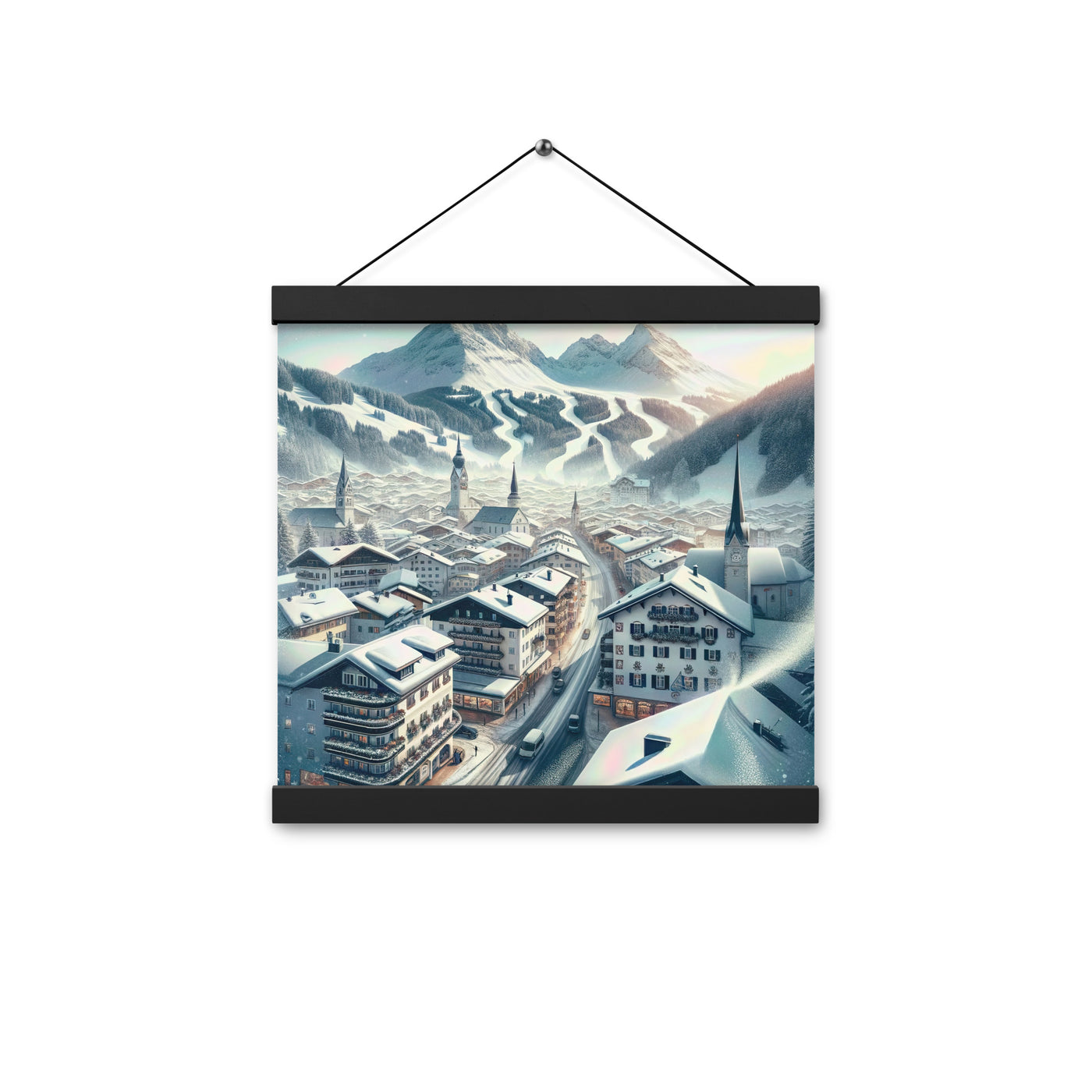 Winter in Kitzbühel: Digitale Malerei von schneebedeckten Dächern - Premium Poster mit Aufhängung berge xxx yyy zzz 30.5 x 30.5 cm