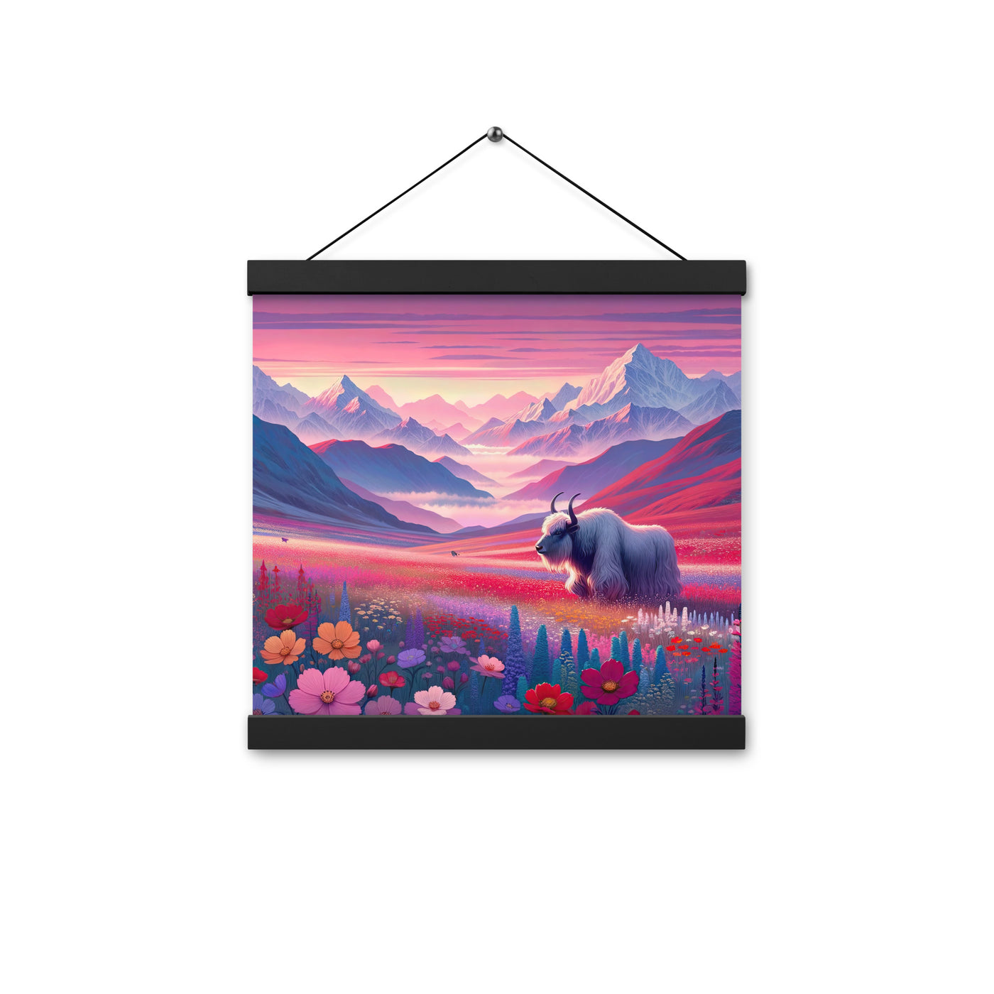 Verträumte Berg-Abenddämmerung mit Hochlandrind und blumigem Glanz - Premium Poster mit Aufhängung berge xxx yyy zzz 30.5 x 30.5 cm