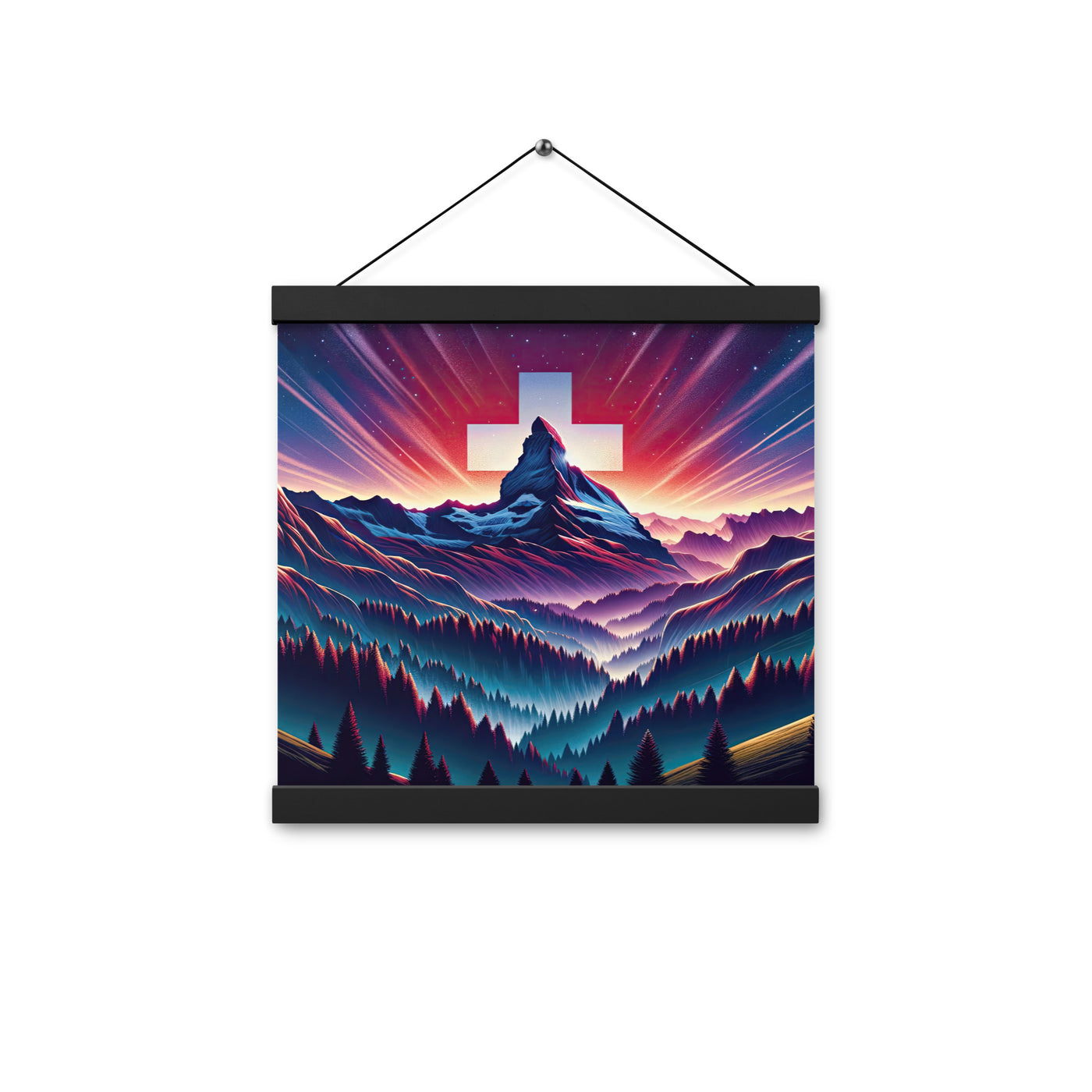 Alpenszene in Dämmerung mit Schweizer Flagge - Premium Poster mit Aufhängung berge xxx yyy zzz 30.5 x 30.5 cm