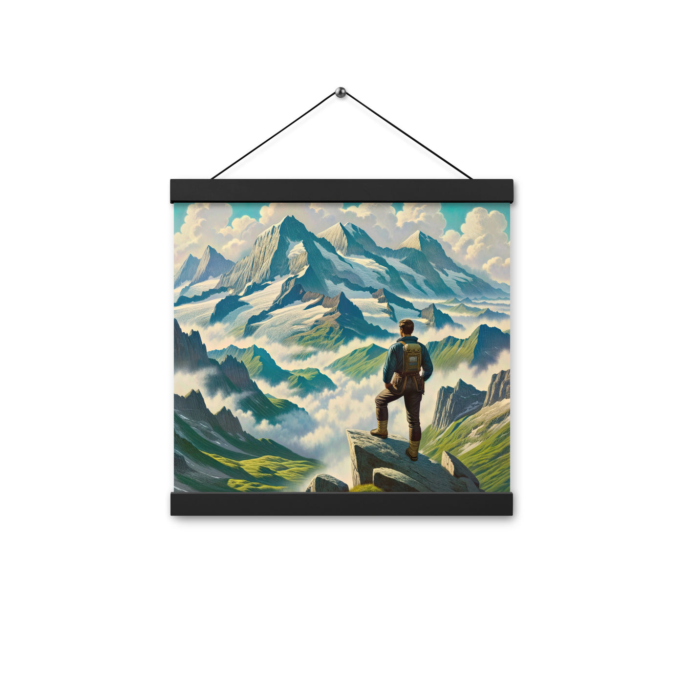 Panoramablick der Alpen mit Wanderer auf einem Hügel und schroffen Gipfeln - Premium Poster mit Aufhängung wandern xxx yyy zzz 30.5 x 30.5 cm