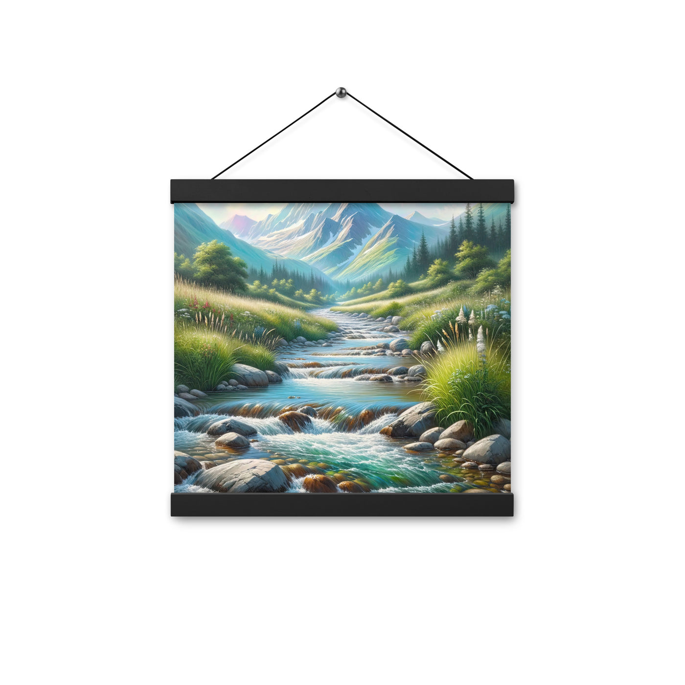 Sanfter Gebirgsbach in Ölgemälde, klares Wasser über glatten Felsen - Premium Poster mit Aufhängung berge xxx yyy zzz 30.5 x 30.5 cm