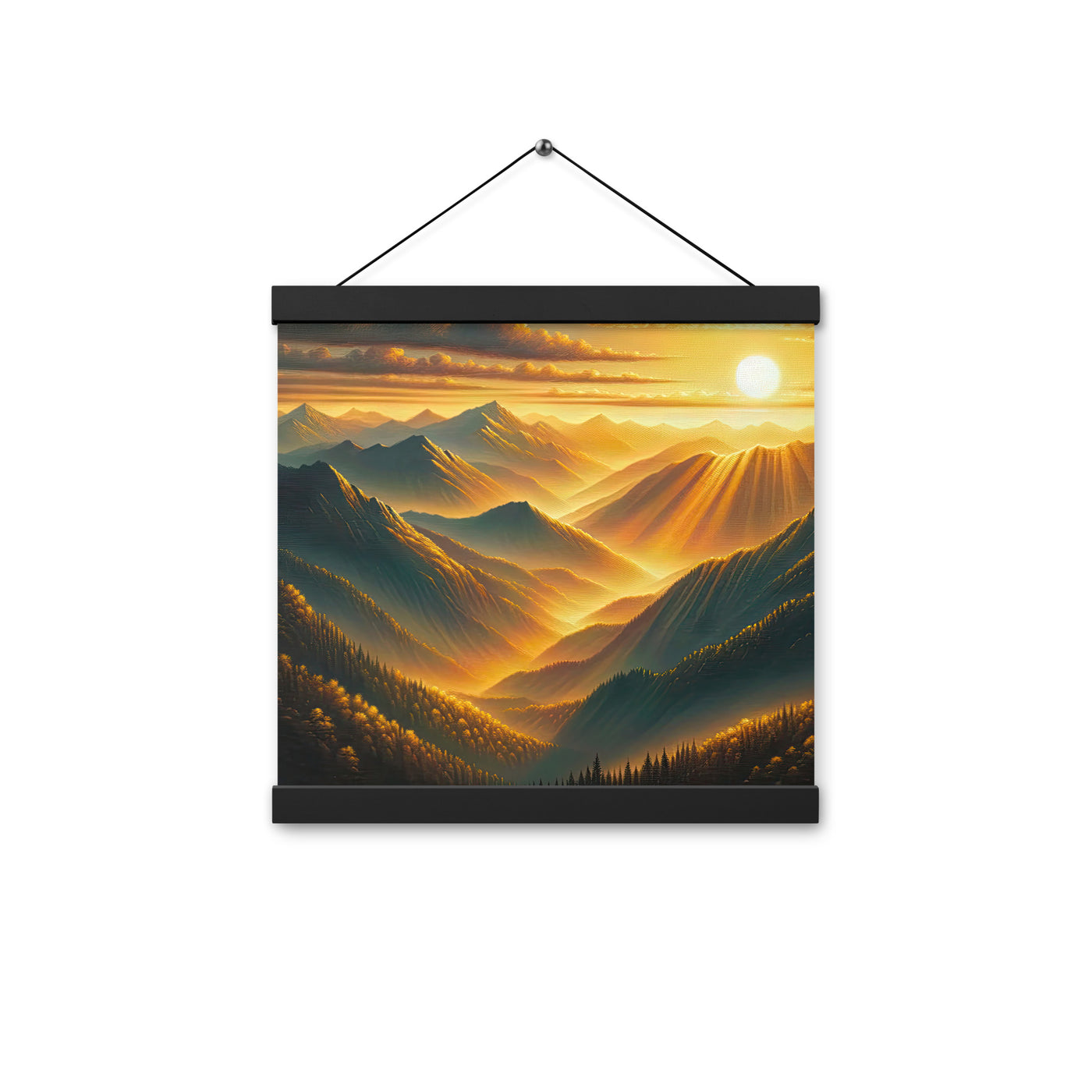 Ölgemälde der Berge in der goldenen Stunde, Sonnenuntergang über warmer Landschaft - Premium Poster mit Aufhängung berge xxx yyy zzz 30.5 x 30.5 cm