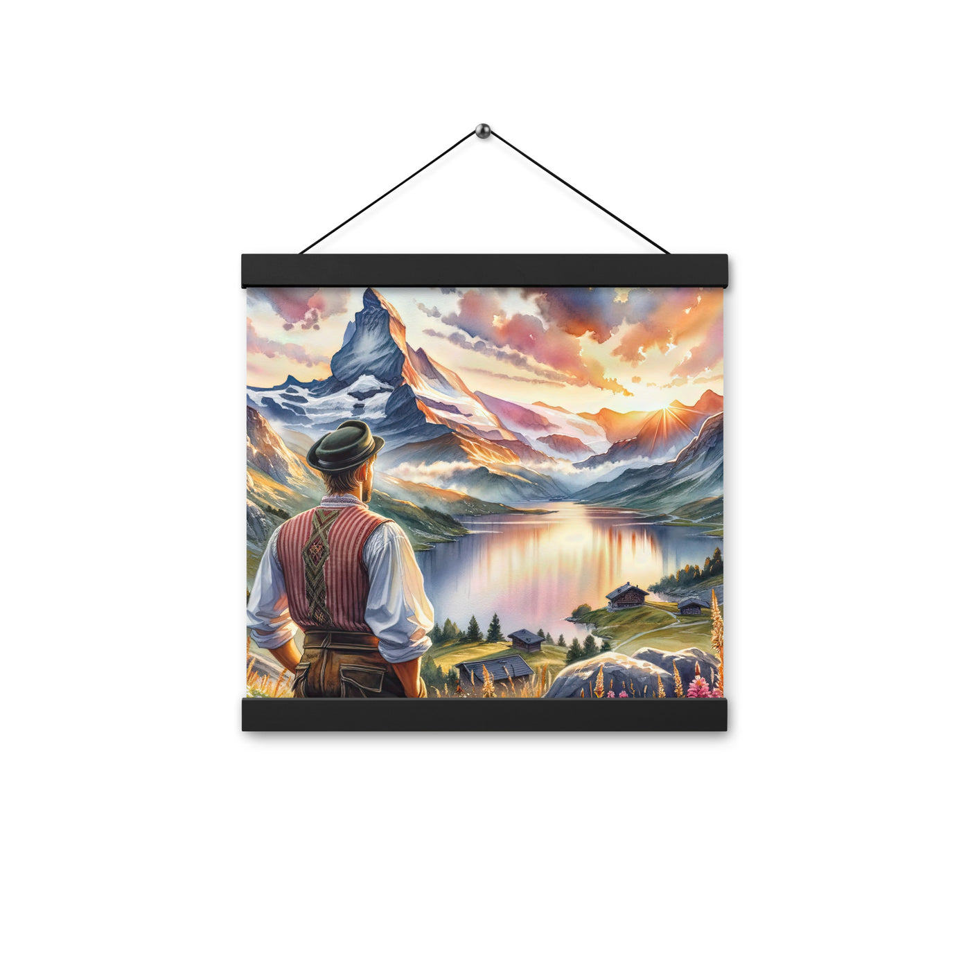 Aquarell einer Berglandschaft in der goldenen Stunde mit österreichischem Wanderer - Premium Poster mit Aufhängung wandern xxx yyy zzz 30.5 x 30.5 cm