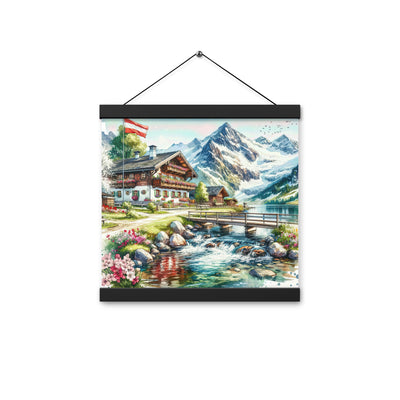 Aquarell der frühlingshaften Alpenkette mit österreichischer Flagge und schmelzendem Schnee - Enhanced Matte Paper Poster With Hanger berge xxx yyy zzz 30.5 x 30.5 cm