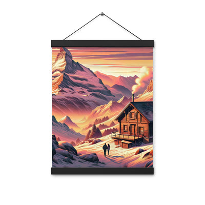 Berghütte im goldenen Sonnenuntergang: Digitale Alpenillustration - Premium Poster mit Aufhängung berge xxx yyy zzz 30.5 x 40.6 cm