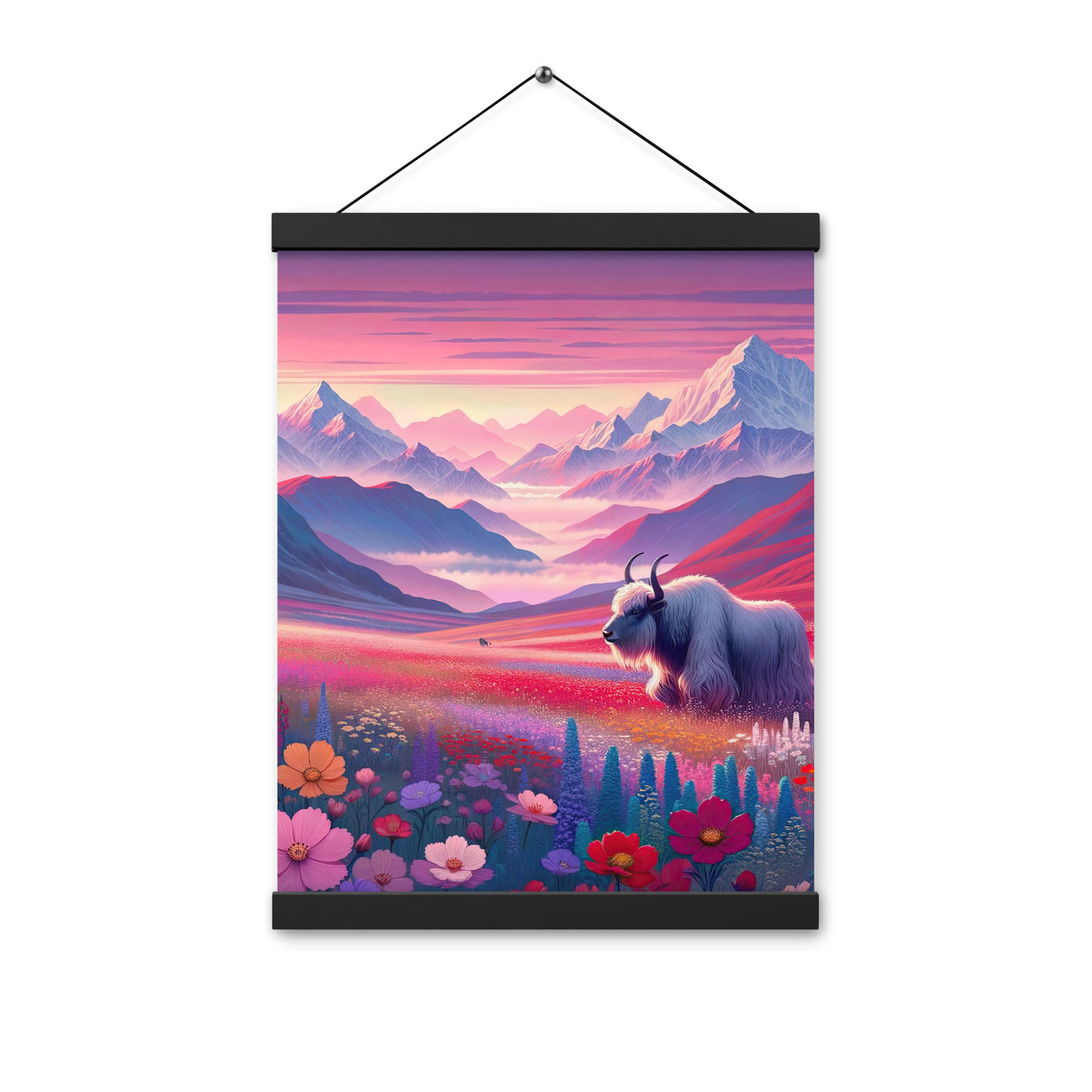 Verträumte Berg-Abenddämmerung mit Hochlandrind und blumigem Glanz - Premium Poster mit Aufhängung berge xxx yyy zzz 30.5 x 40.6 cm