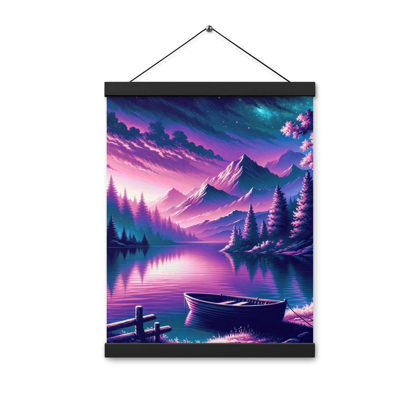 Magische Alpen-Dämmerung, rosa-lila Himmel und Bergsee mit Boot - Premium Poster mit Aufhängung berge xxx yyy zzz 30.5 x 40.6 cm