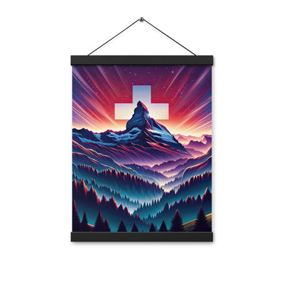 Alpenszene in Dämmerung mit Schweizer Flagge - Premium Poster mit Aufhängung berge xxx yyy zzz 30.5 x 40.6 cm