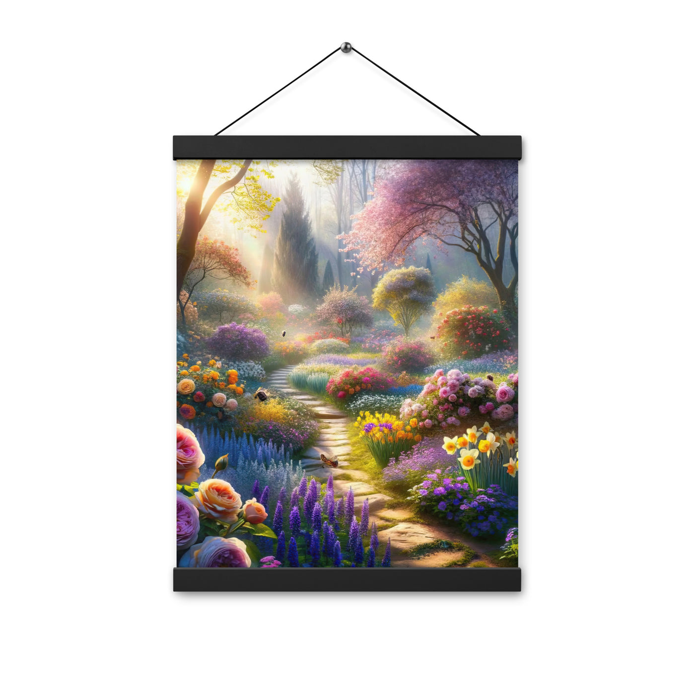 Foto einer Gartenszene im Frühling mit Weg durch blühende Rosen und Veilchen - Premium Poster mit Aufhängung camping xxx yyy zzz 30.5 x 40.6 cm