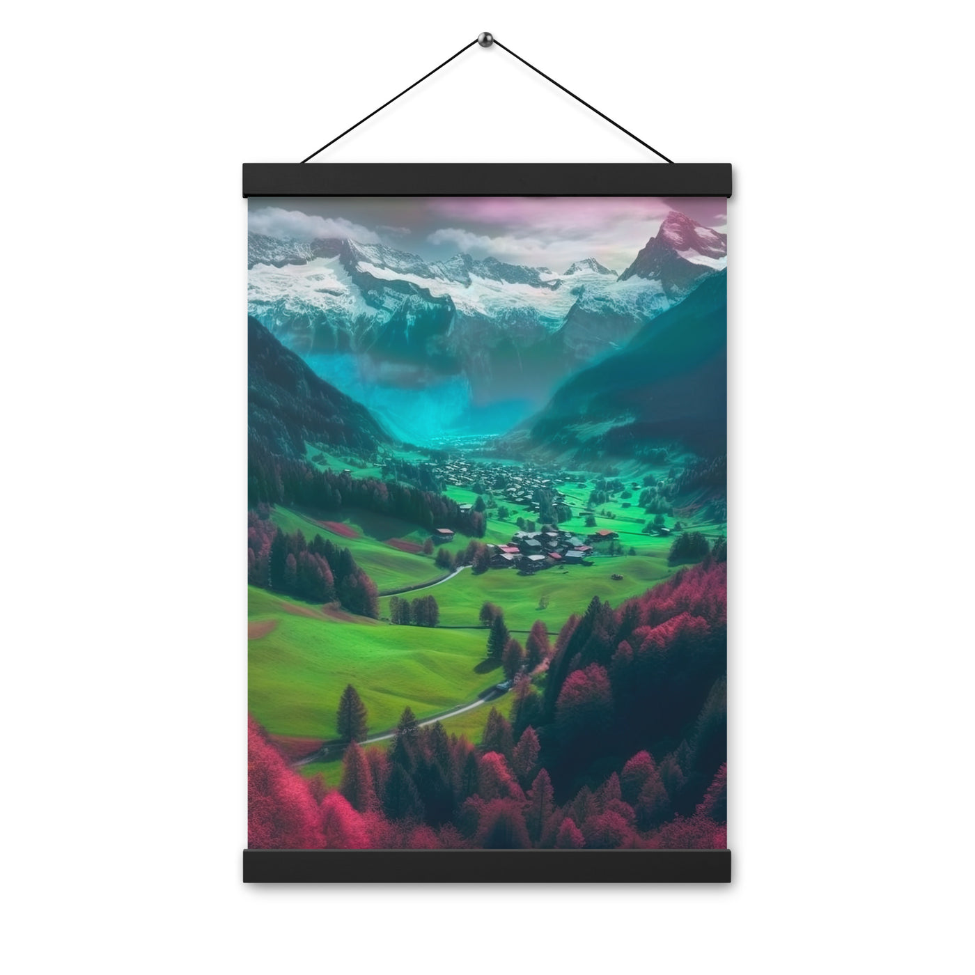 Berglandschaft und Dorf - Fotorealistische Malerei - Premium Poster mit Aufhängung berge xxx 30.5 x 45.7 cm