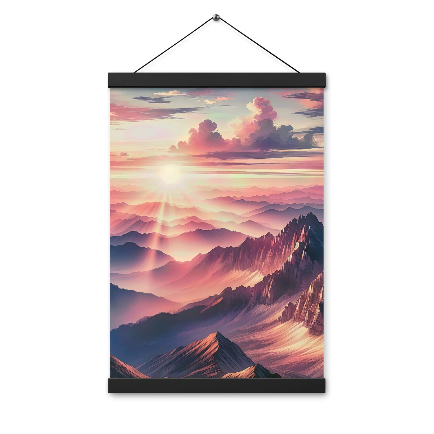 Schöne Berge bei Sonnenaufgang: Malerei in Pastelltönen - Premium Poster mit Aufhängung berge xxx yyy zzz 30.5 x 45.7 cm