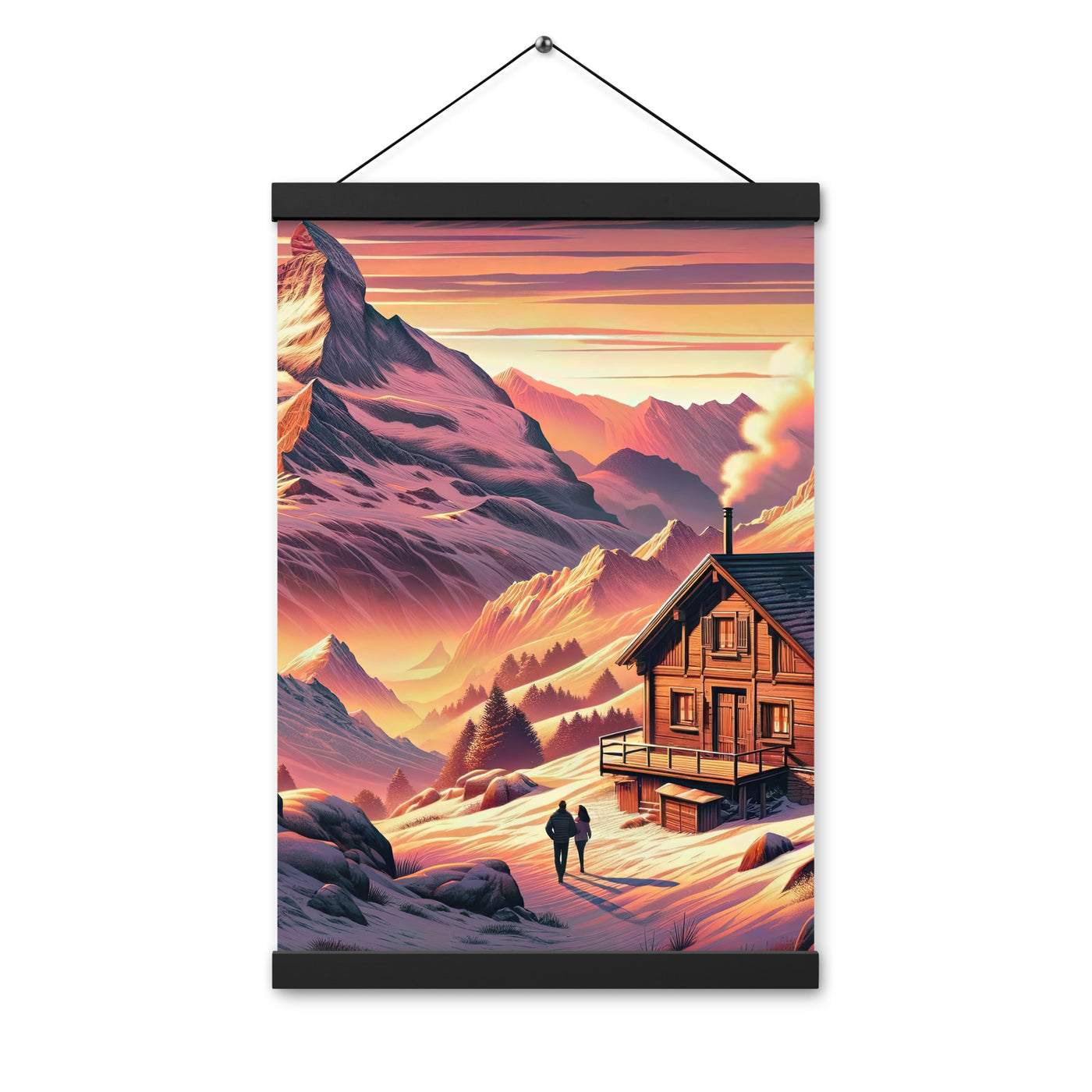 Berghütte im goldenen Sonnenuntergang: Digitale Alpenillustration - Premium Poster mit Aufhängung berge xxx yyy zzz 30.5 x 45.7 cm