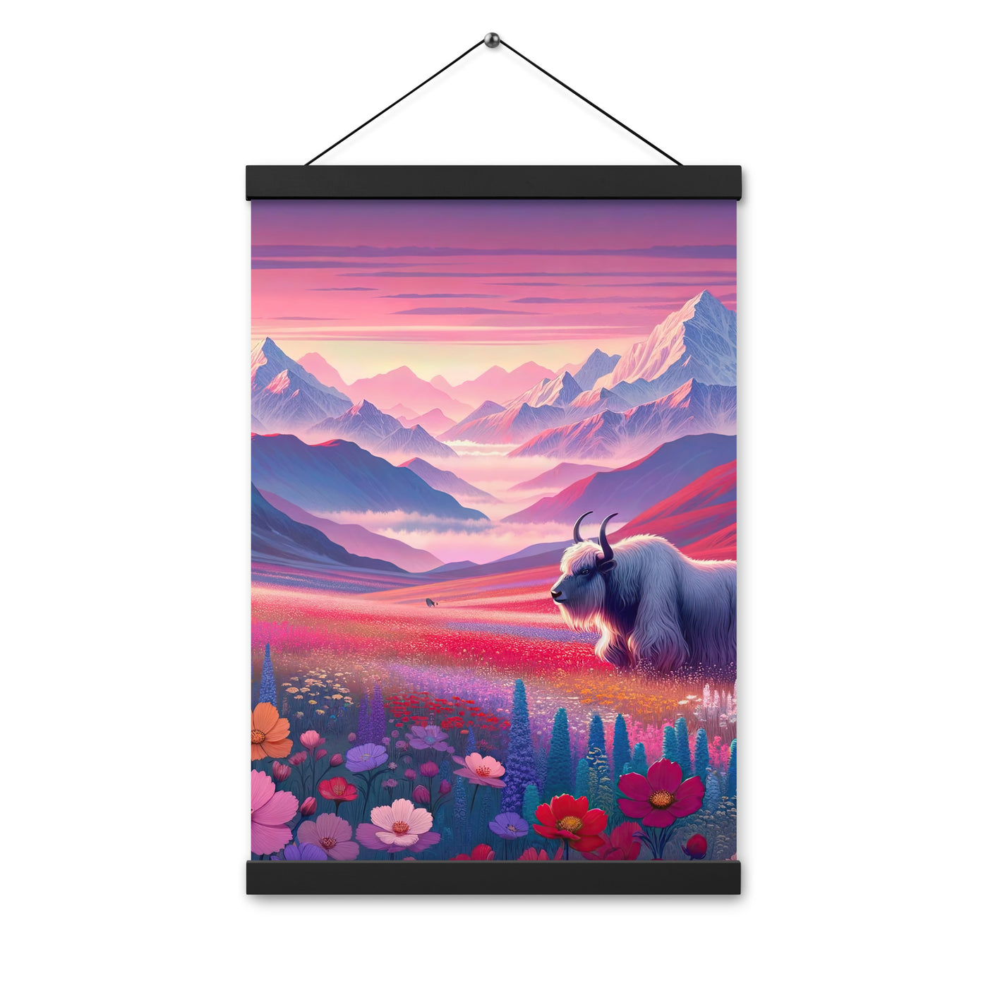 Verträumte Berg-Abenddämmerung mit Hochlandrind und blumigem Glanz - Premium Poster mit Aufhängung berge xxx yyy zzz 30.5 x 45.7 cm