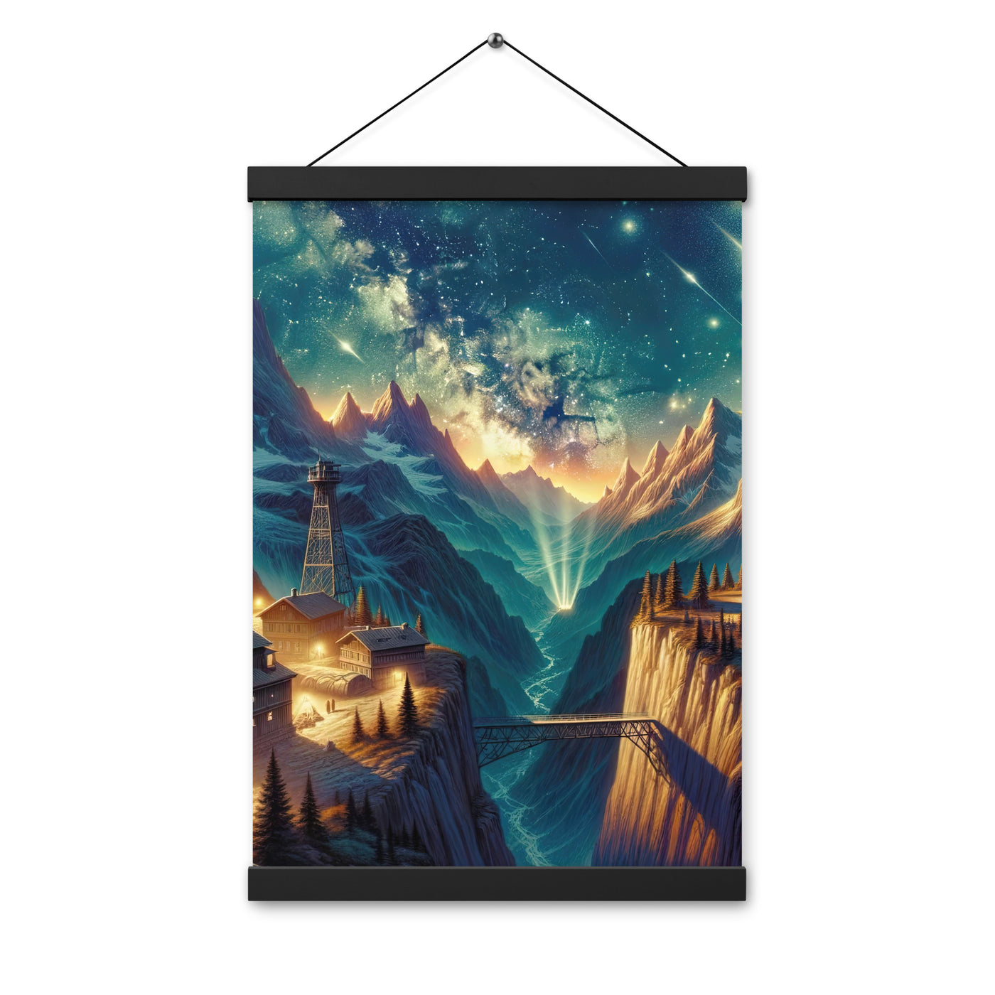 Alpine Wildnis mit Bergdorf unter sternenklarem Nachthimmel - Premium Poster mit Aufhängung berge xxx yyy zzz 30.5 x 45.7 cm