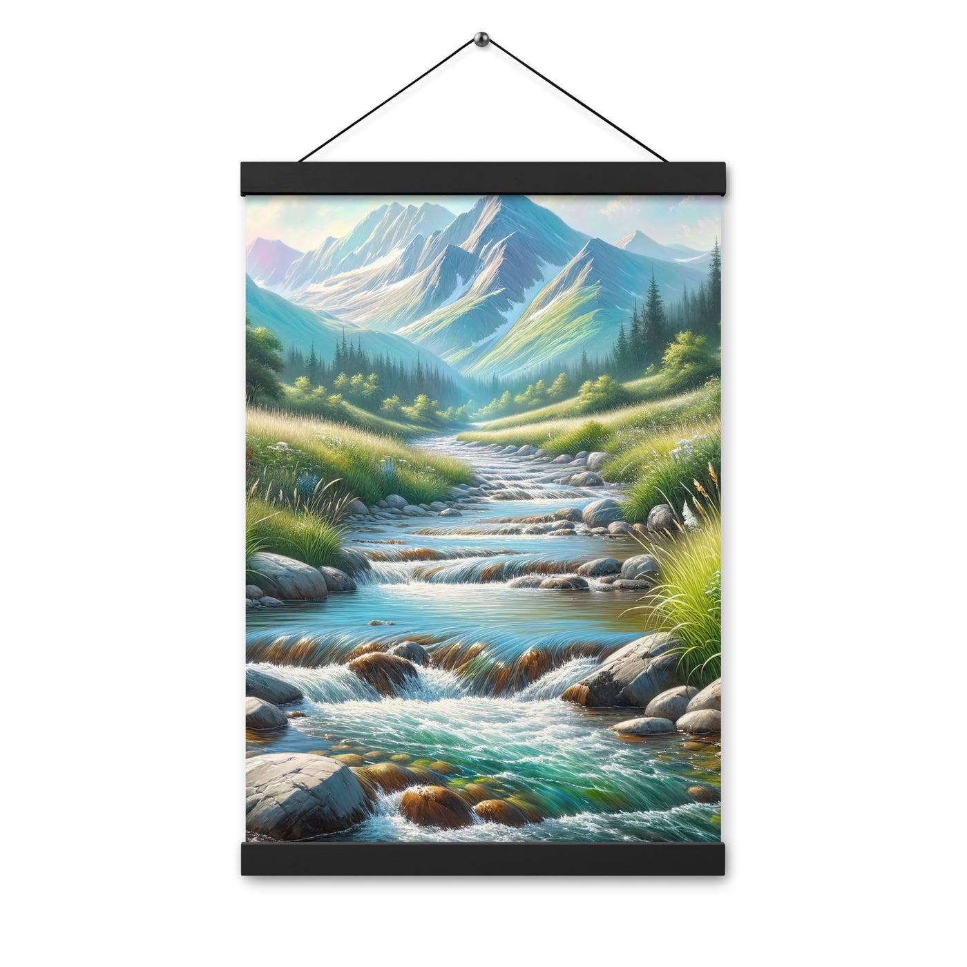 Sanfter Gebirgsbach in Ölgemälde, klares Wasser über glatten Felsen - Premium Poster mit Aufhängung berge xxx yyy zzz 30.5 x 45.7 cm