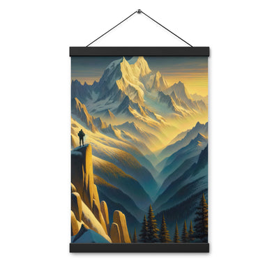 Ölgemälde eines Wanderers bei Morgendämmerung auf Alpengipfeln mit goldenem Sonnenlicht - Premium Poster mit Aufhängung wandern xxx yyy zzz 30.5 x 45.7 cm