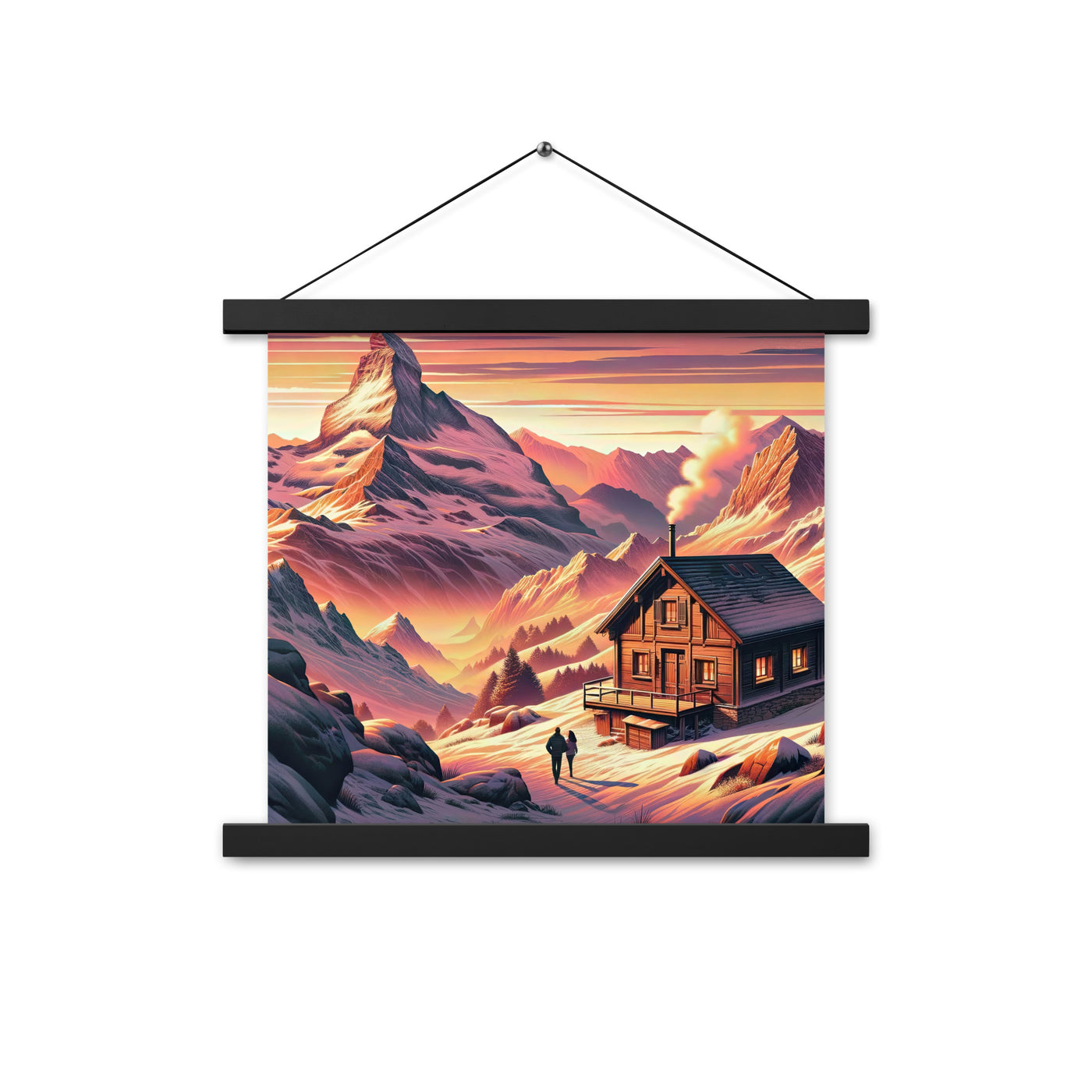 Berghütte im goldenen Sonnenuntergang: Digitale Alpenillustration - Premium Poster mit Aufhängung berge xxx yyy zzz 35.6 x 35.6 cm