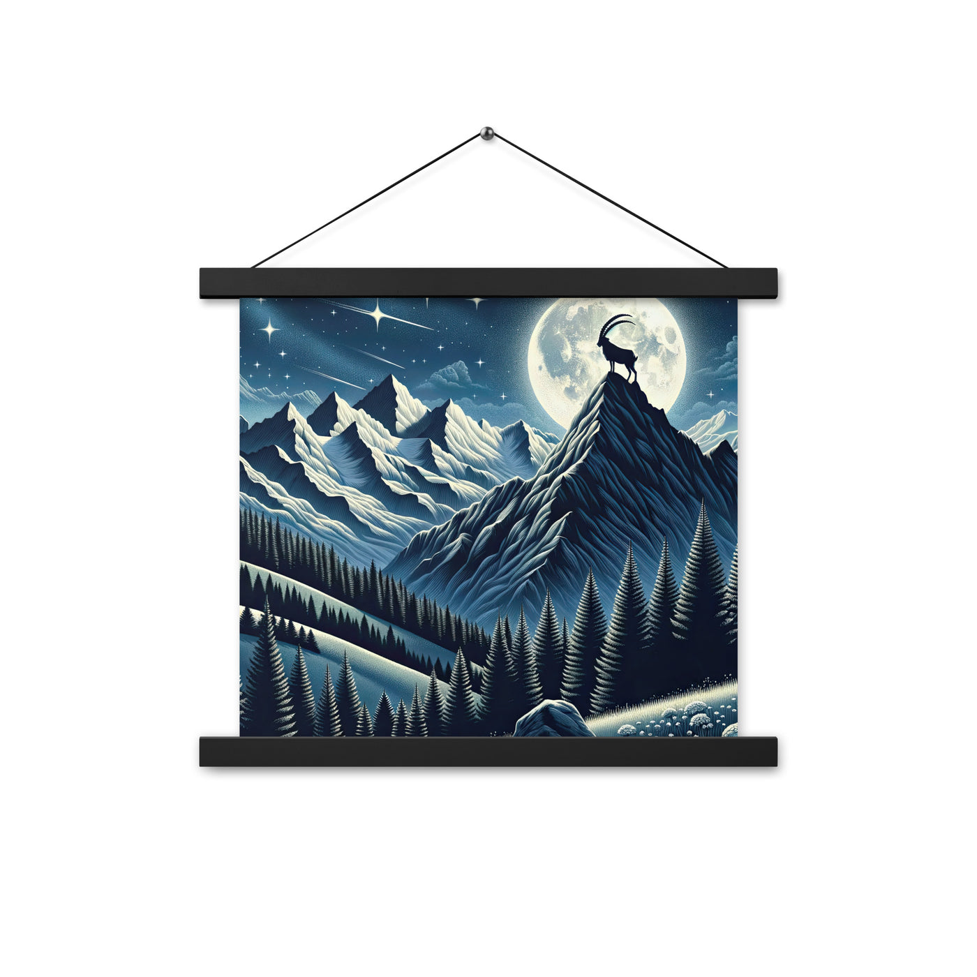 Steinbock in Alpennacht, silberne Berge und Sternenhimmel - Premium Poster mit Aufhängung berge xxx yyy zzz 35.6 x 35.6 cm