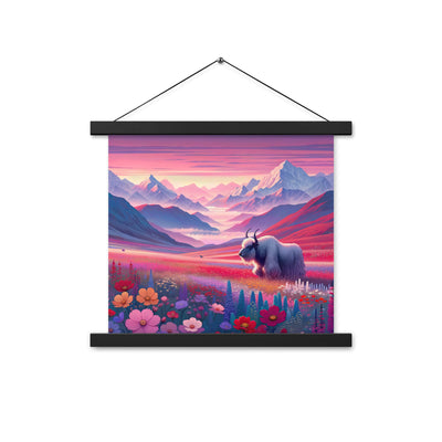 Verträumte Berg-Abenddämmerung mit Hochlandrind und blumigem Glanz - Premium Poster mit Aufhängung berge xxx yyy zzz 35.6 x 35.6 cm