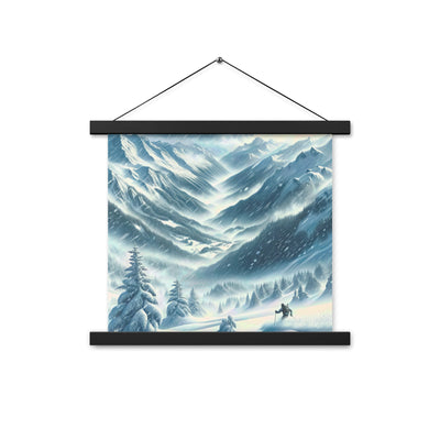 Alpine Wildnis im Wintersturm mit Skifahrer, verschneite Landschaft - Premium Poster mit Aufhängung klettern ski xxx yyy zzz 35.6 x 35.6 cm