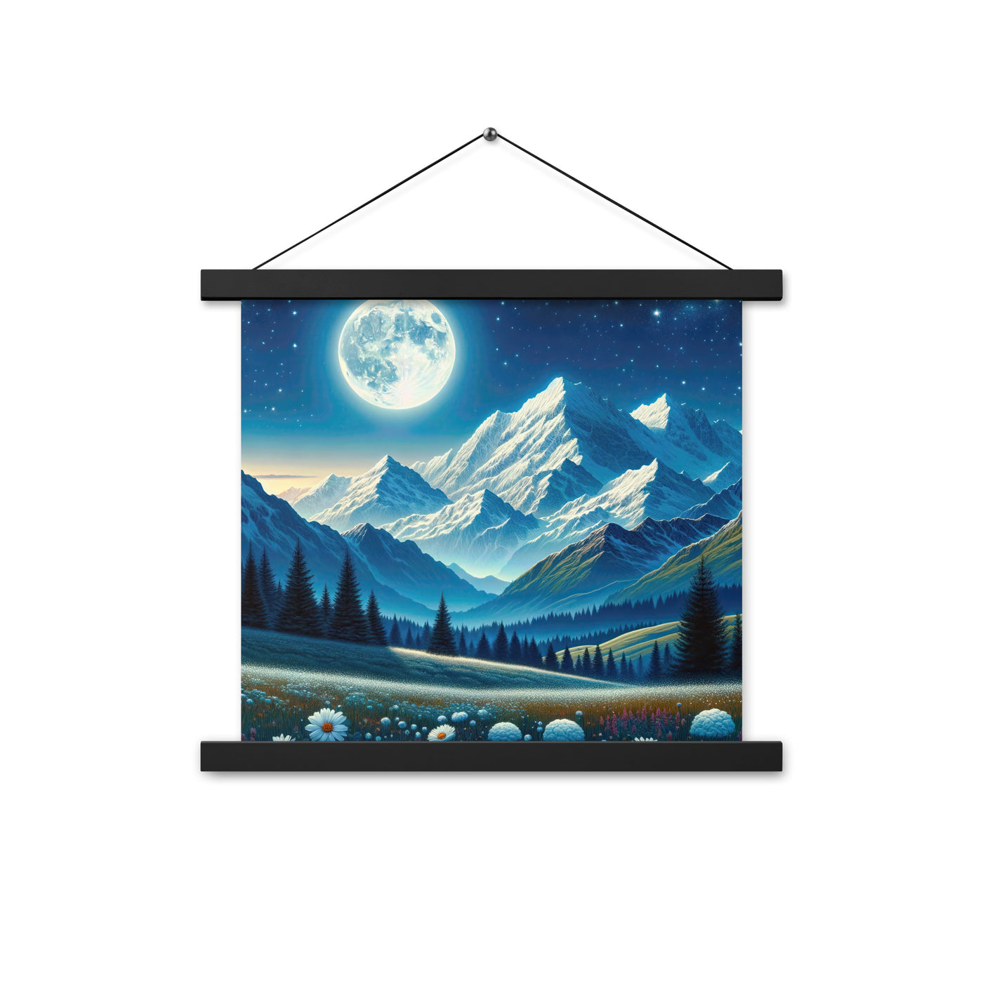 Klare frühlingshafte Alpennacht mit Blumen und Vollmond über Schneegipfeln - Premium Poster mit Aufhängung berge xxx yyy zzz 35.6 x 35.6 cm