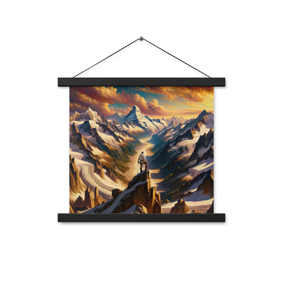 Ölgemälde eines Wanderers auf einem Hügel mit Panoramablick auf schneebedeckte Alpen und goldenen Himmel - Enhanced Matte Paper Poster wandern xxx yyy zzz 35.6 x 35.6 cm