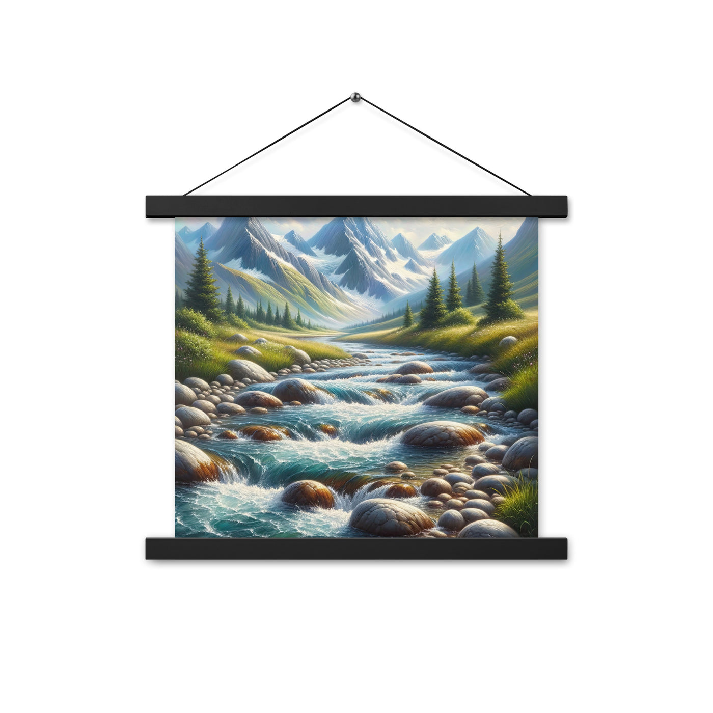 Ölgemälde eines Gebirgsbachs durch felsige Landschaft - Premium Poster mit Aufhängung berge xxx yyy zzz 35.6 x 35.6 cm