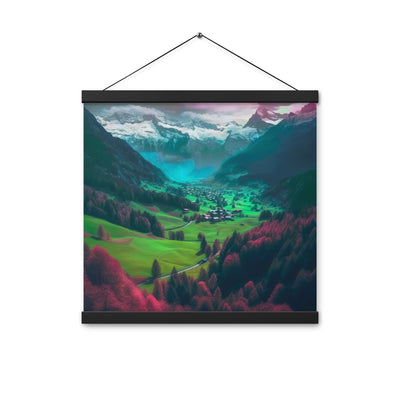 Berglandschaft und Dorf - Fotorealistische Malerei - Premium Poster mit Aufhängung berge xxx 40.6 x 40.6 cm