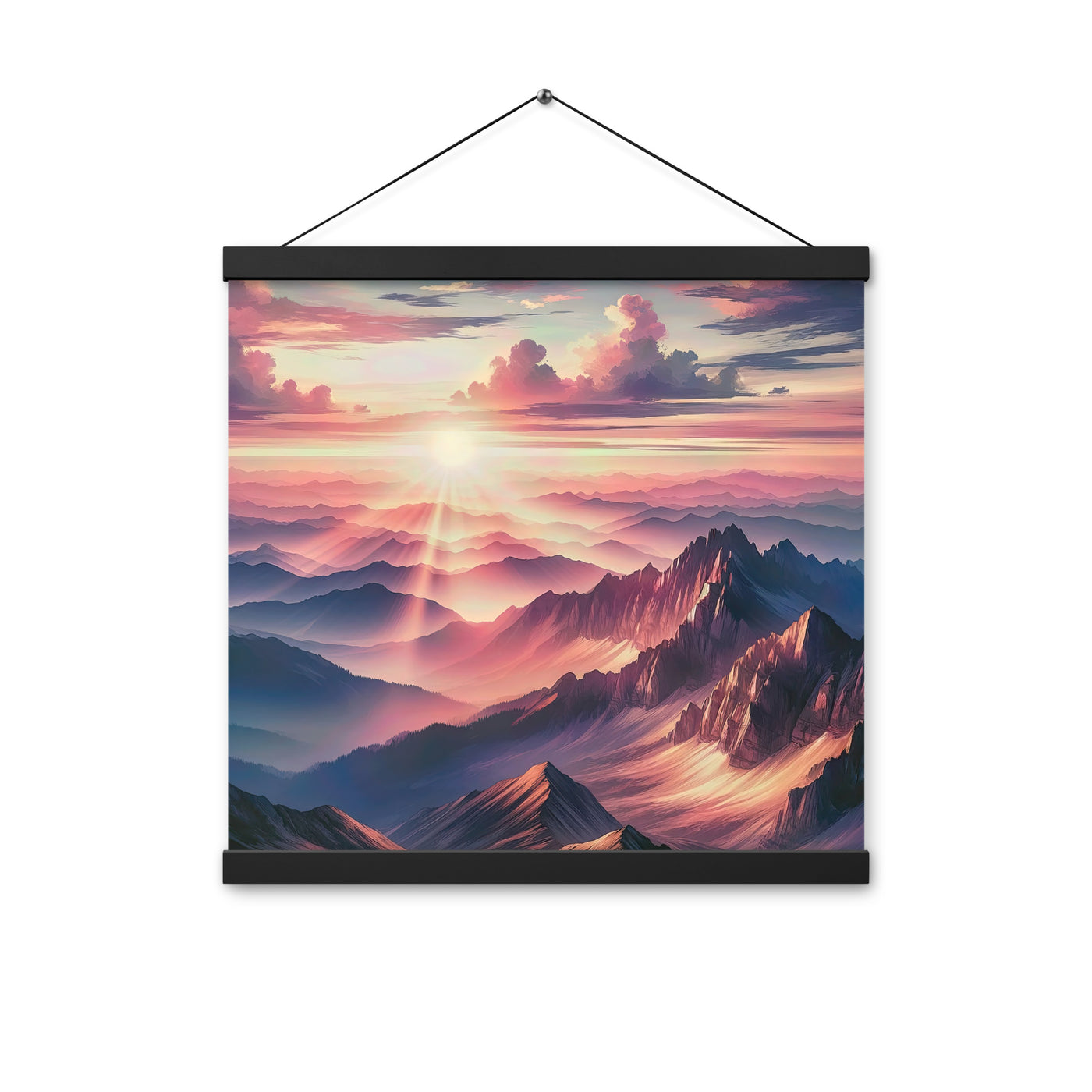 Schöne Berge bei Sonnenaufgang: Malerei in Pastelltönen - Premium Poster mit Aufhängung berge xxx yyy zzz 40.6 x 40.6 cm