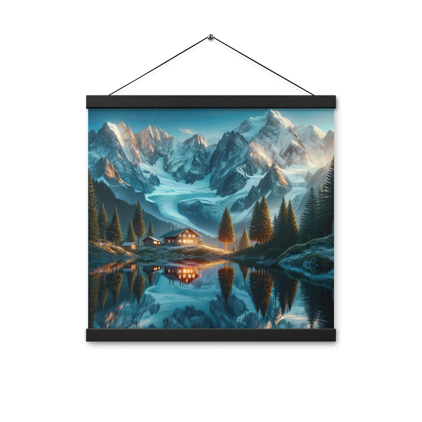 Stille Alpenmajestätik: Digitale Kunst mit Schnee und Bergsee-Spiegelung - Premium Poster mit Aufhängung berge xxx yyy zzz 40.6 x 40.6 cm