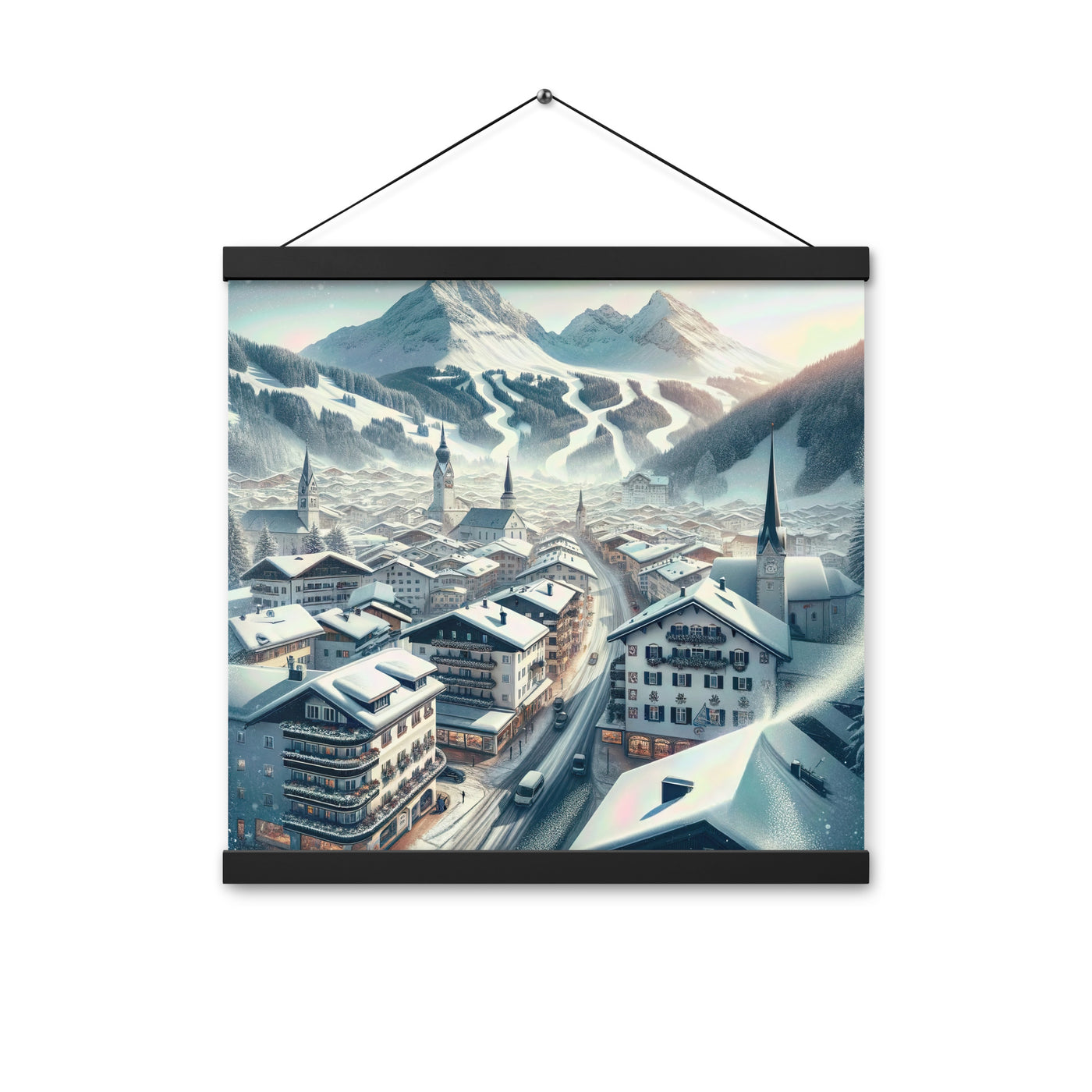 Winter in Kitzbühel: Digitale Malerei von schneebedeckten Dächern - Premium Poster mit Aufhängung berge xxx yyy zzz 40.6 x 40.6 cm